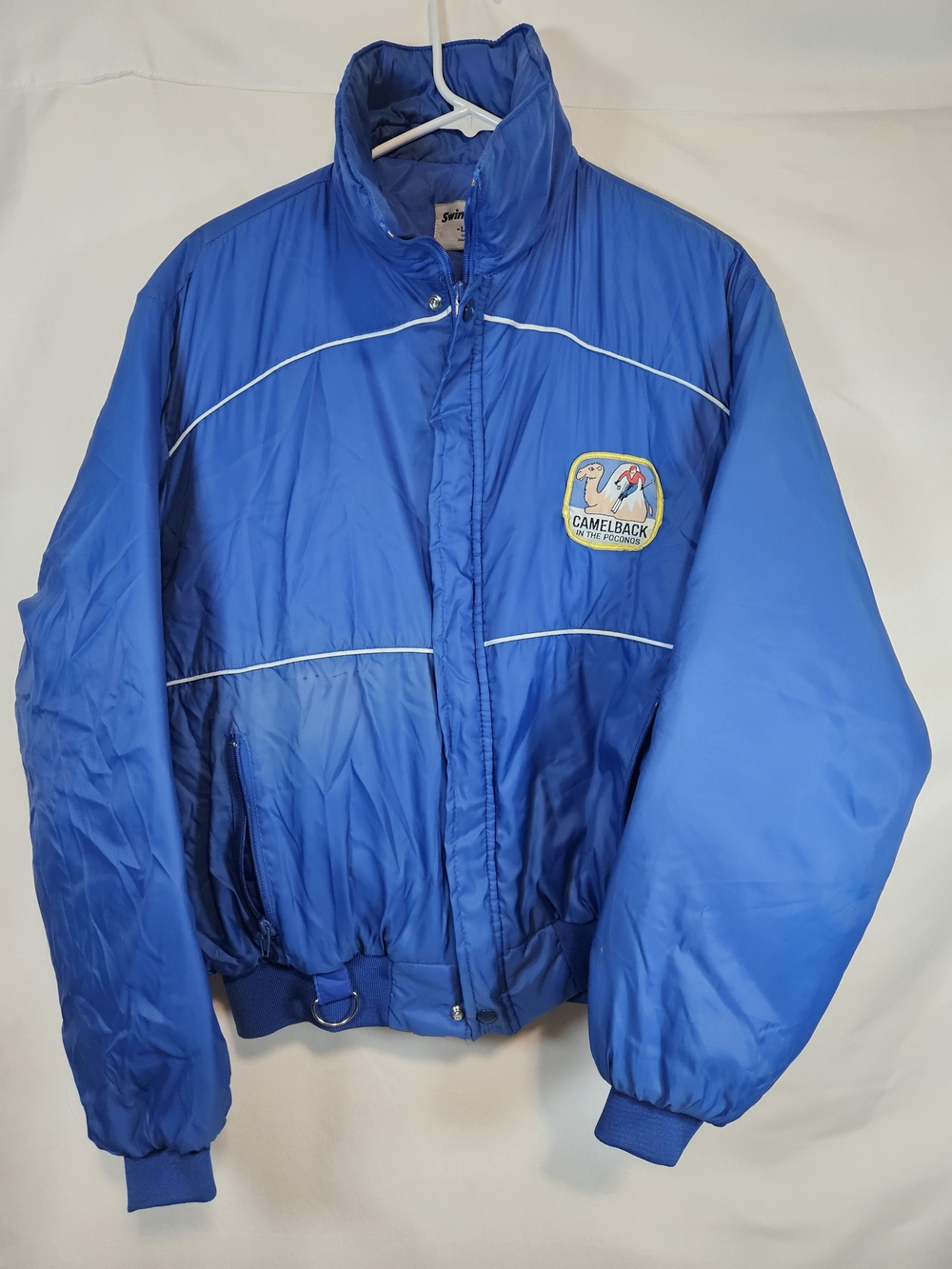 Vintage 80s Men's Royal Blue Insulated Puffer Jacket With Camelback Ski Patch